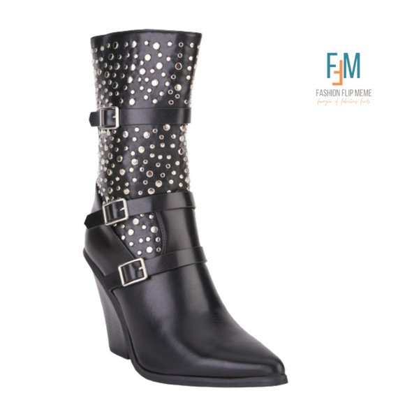 Studs and Buckles Mid-Calf Chunky Heel Boot (Women's 41) - Picture 2 of 5